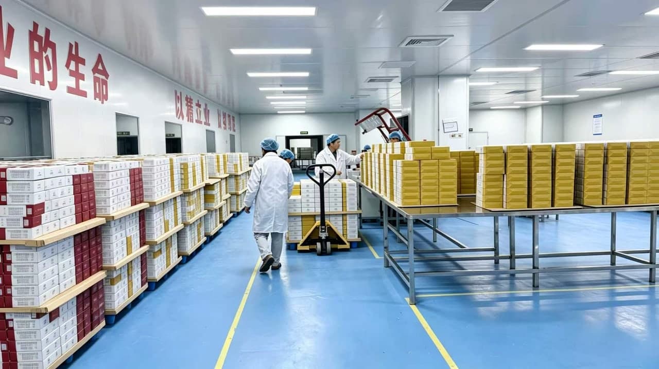 Finished goods warehouse with palletised cartons of supplements staged for export