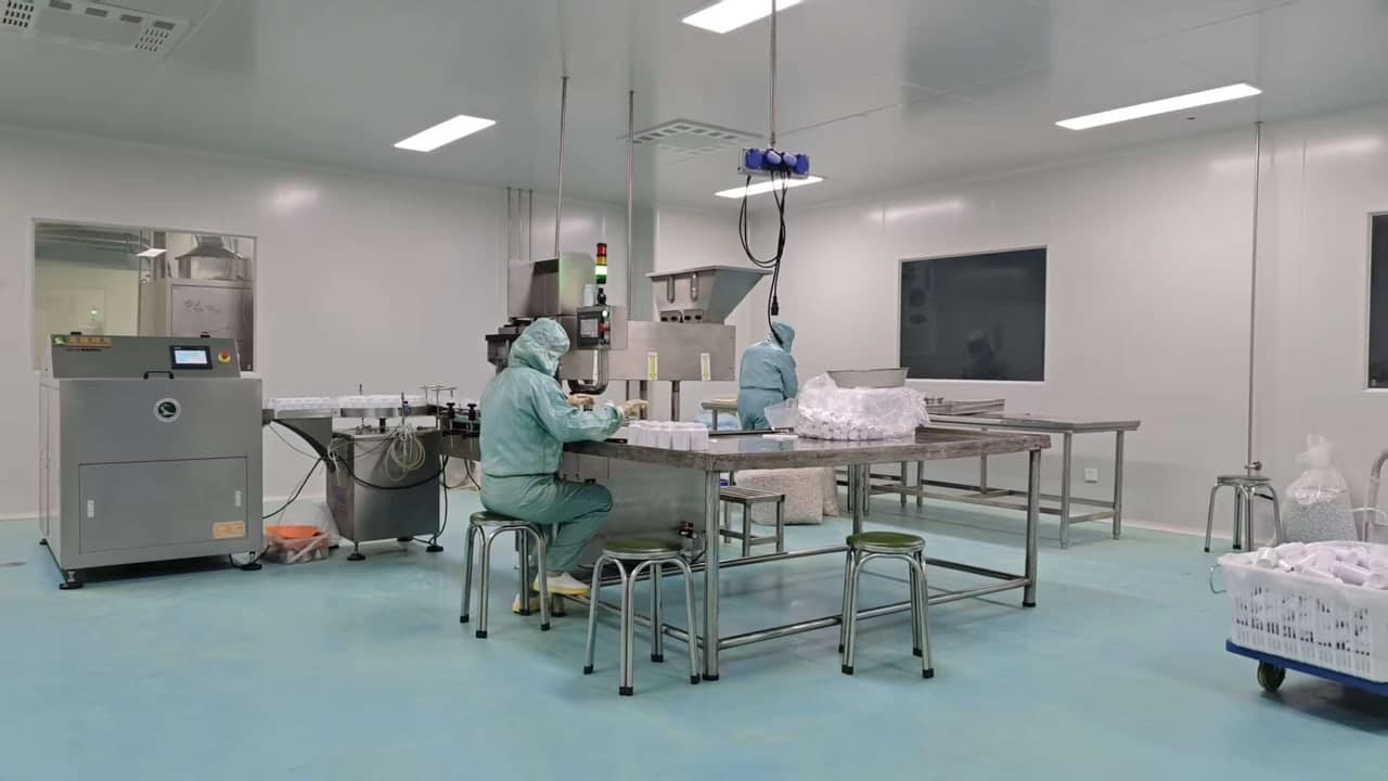 Interior of a dietary supplement manufacturing workshop with stainless steel process equipment
