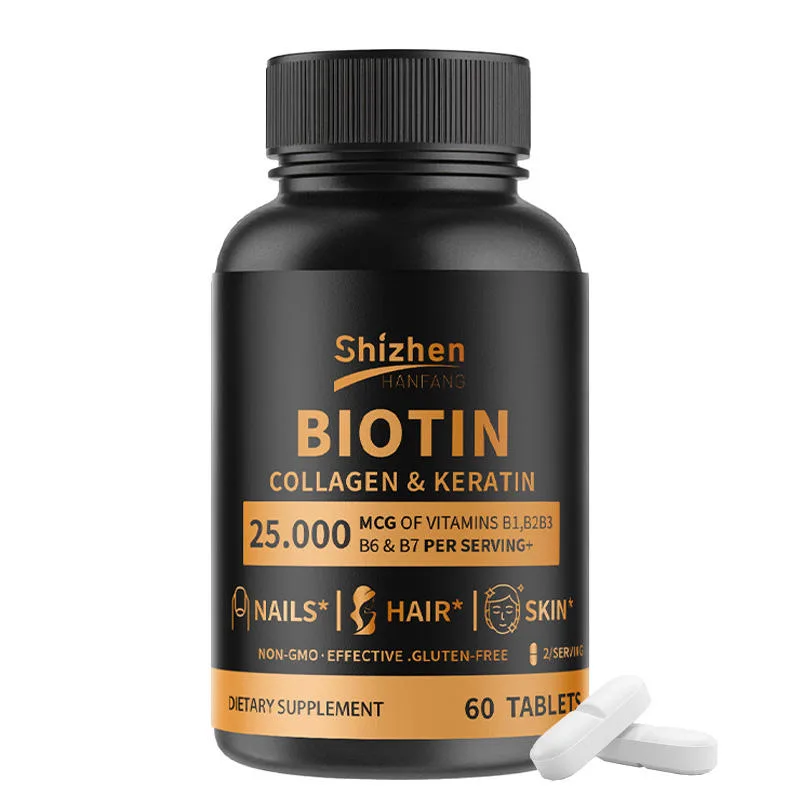 OEM/ODM BIOTIN COLLAGEN & KERATIN 25.000 MCG of VITAMINS B1,B2B3B6 & B7 PER SERVING DETARY SUPPLEMENT 60 Capsules