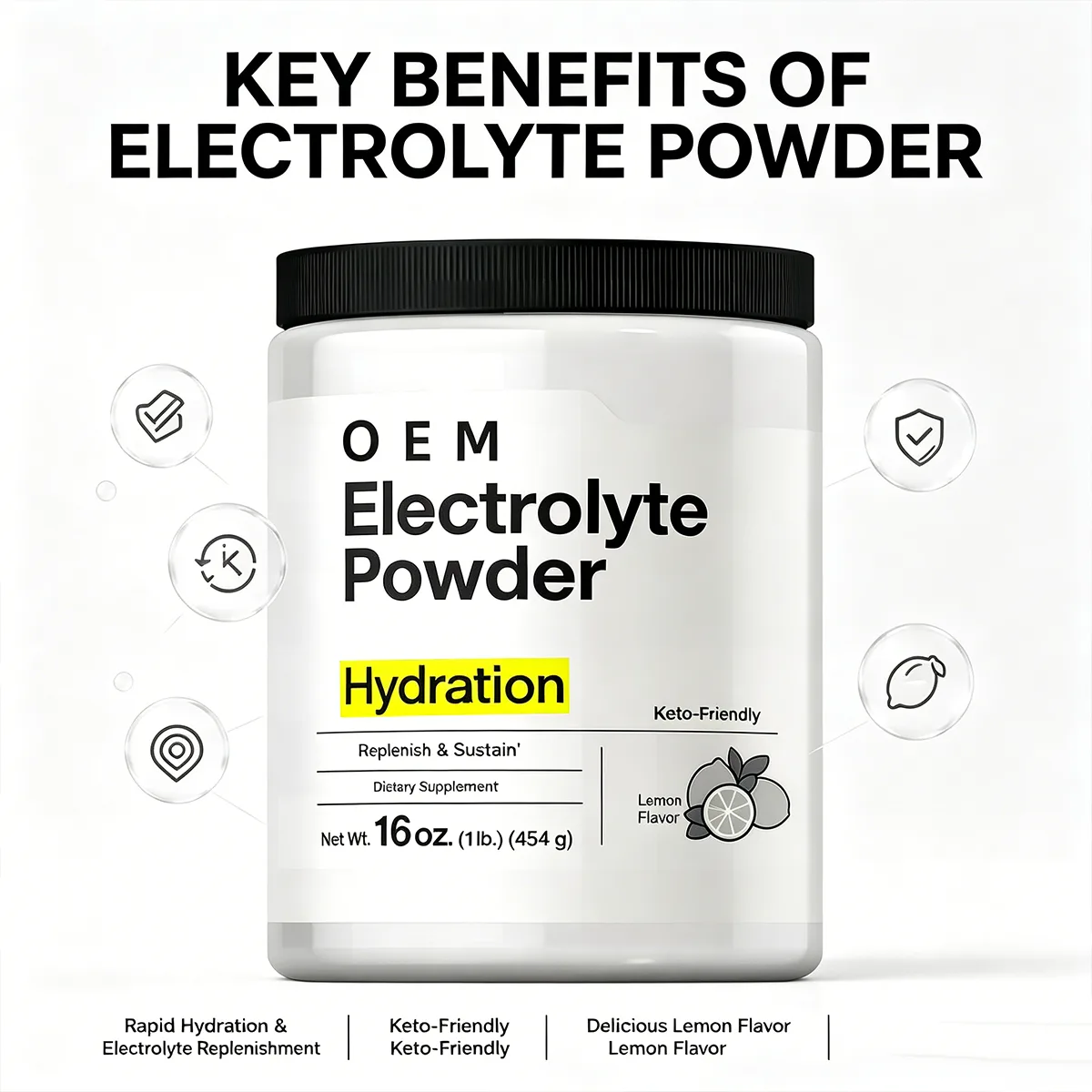 OEM Keto-Friendly Electrolyte Powder, Lemon Flavor Hydration Supplement for Rapid Replenishment, Zero Sugar Sports Drink Mix454g
