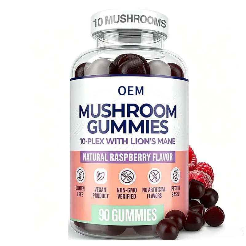 10 Mushroom Gummies 10 Plex with Lion's Mane. Natural Raspberry Flavor. Vegan Non GMO. 90 Gummies. OEM Dietary Supplement