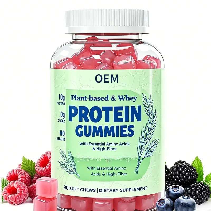 Plant Based and Whey Protein Gummies 10g Protein with Essential Amino Acids and High Fiber No Sugar No Gelatin OEM Supplement