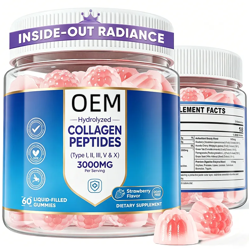 Hydrolyzed Collagen Peptides Types I II III V and X 3000mg Per Serving Strawberry Liquid Filled Gummies 60 Count OEM Supplement