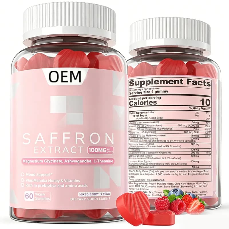 Saffron Extract 100mg Capsules with Ashwagandha L Theanine and Manuka Honey 60 Count OEM Dietary Supplement