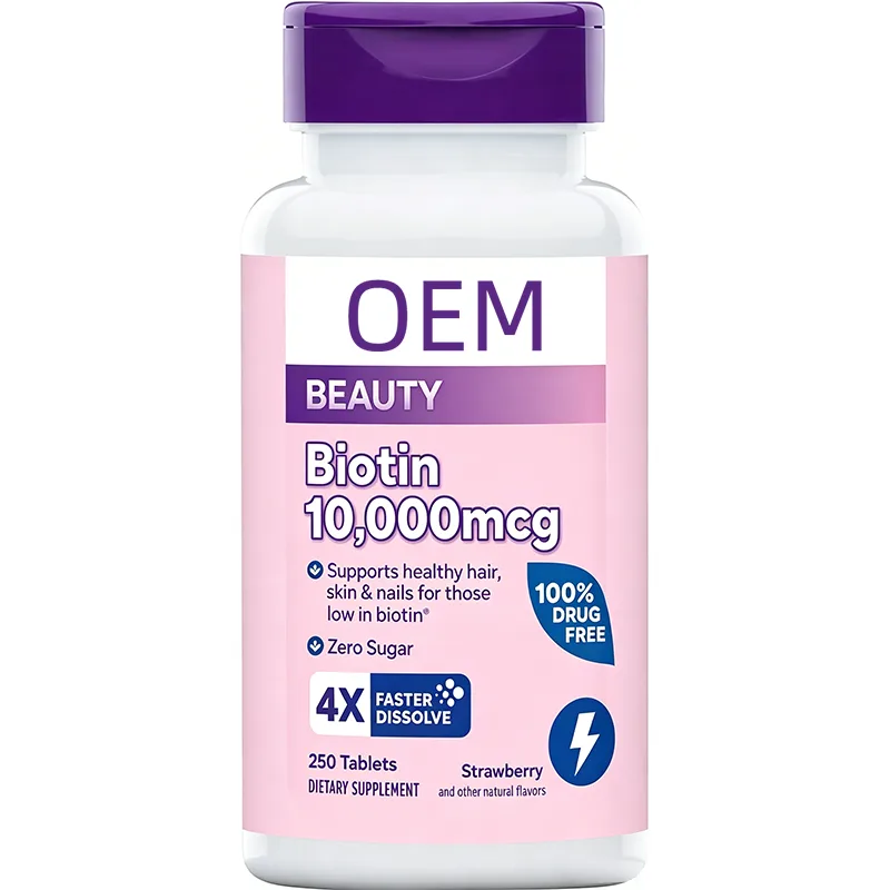 Beauty Biotin 10000mcg Fast Dissolve Tablets Strawberry Flavor Zero Sugar 250 Count OEM Dietary Supplement