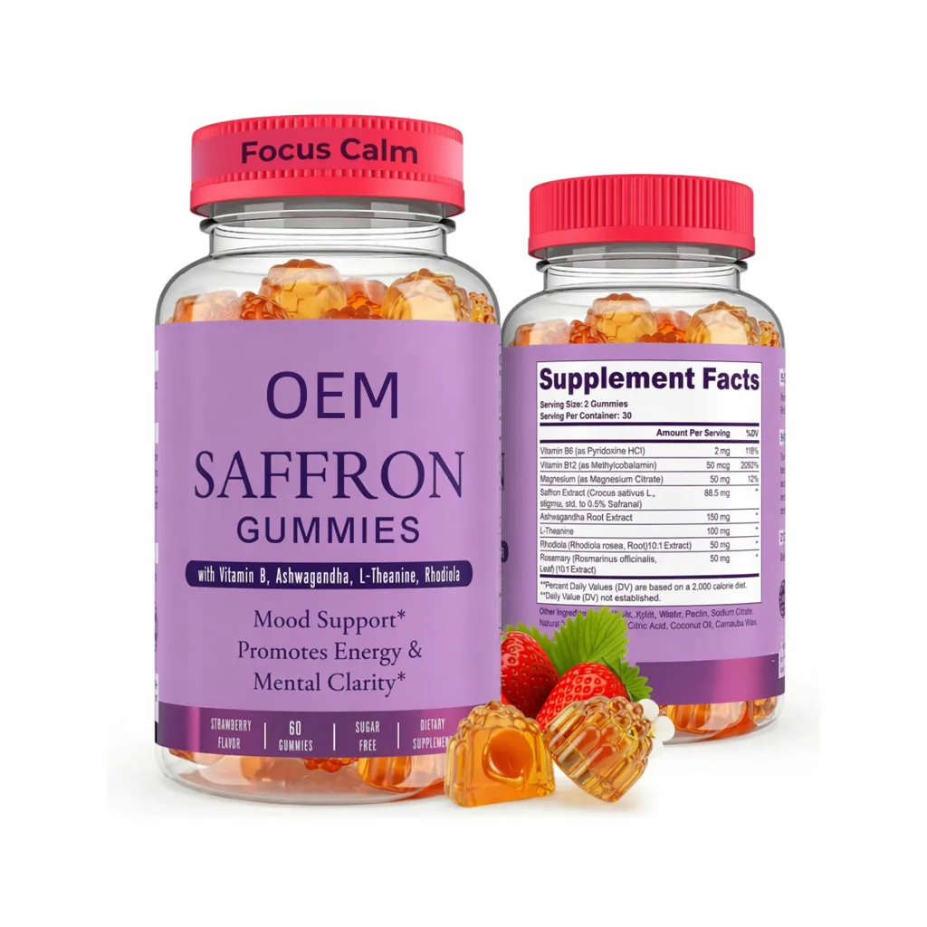 Saffron Gummies with Vitamin B Ashwagandha L Theanine and Rhodiola 60 Gummies 30 Servings OEM Supplement
