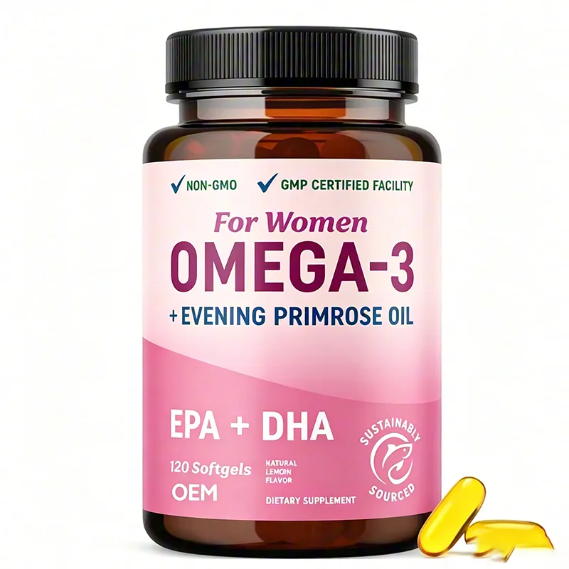 Omega 3 with Evening Primrose Oil for Women 120 Capsules Lemon Flavor Non GMO GMP Certified OEM Supplement