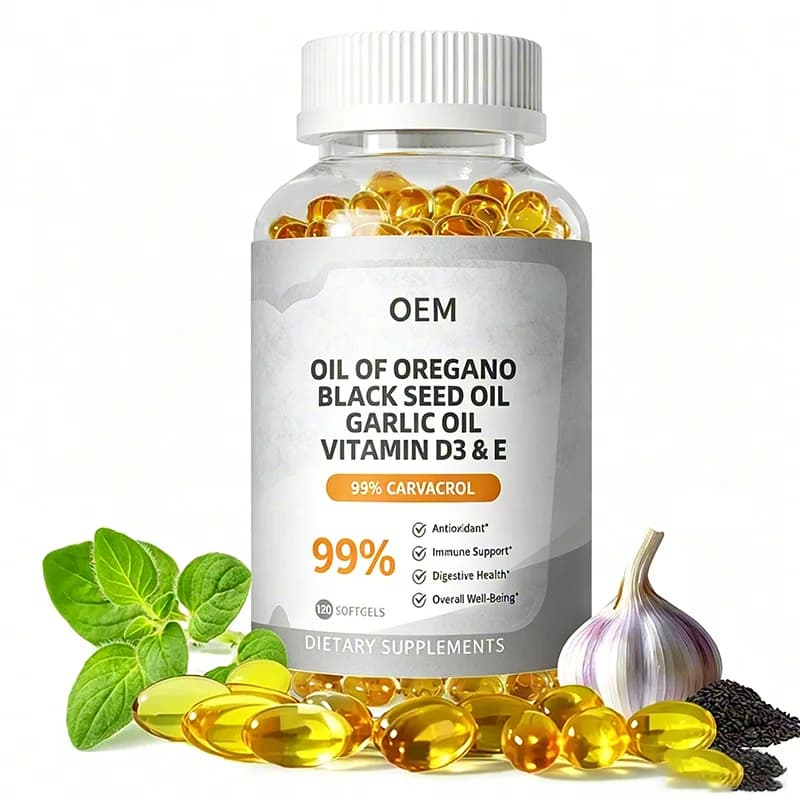 Oil of Oregano Black Seed Oil Garlic Oil and Vitamins D3 and E 99% Carvacrol 120 Softgels OEM Supplement for Immune Digestive