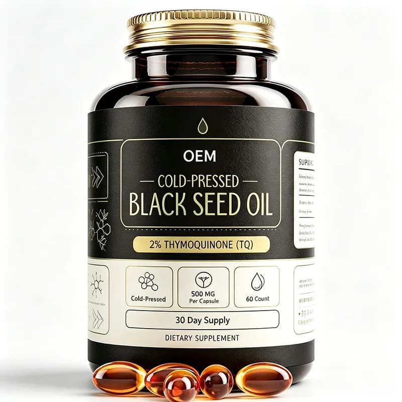 OEM Cold-Pressed Black Seed Oil Softgels 500mg Per Capsule 60 Count 2% Thymoquinone 30 Day Supply Dietary Supplement