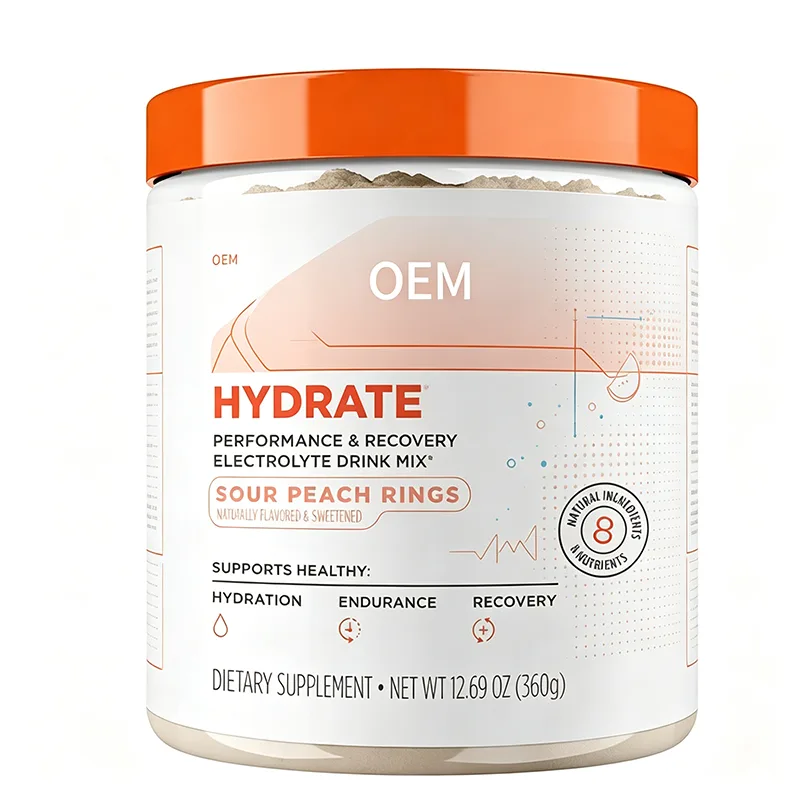 OEM Sour Peach Rings Flavored Hydrate Electrolyte Drink Mix Powder 360g Natural Ingredients 8 Nutrients Sports