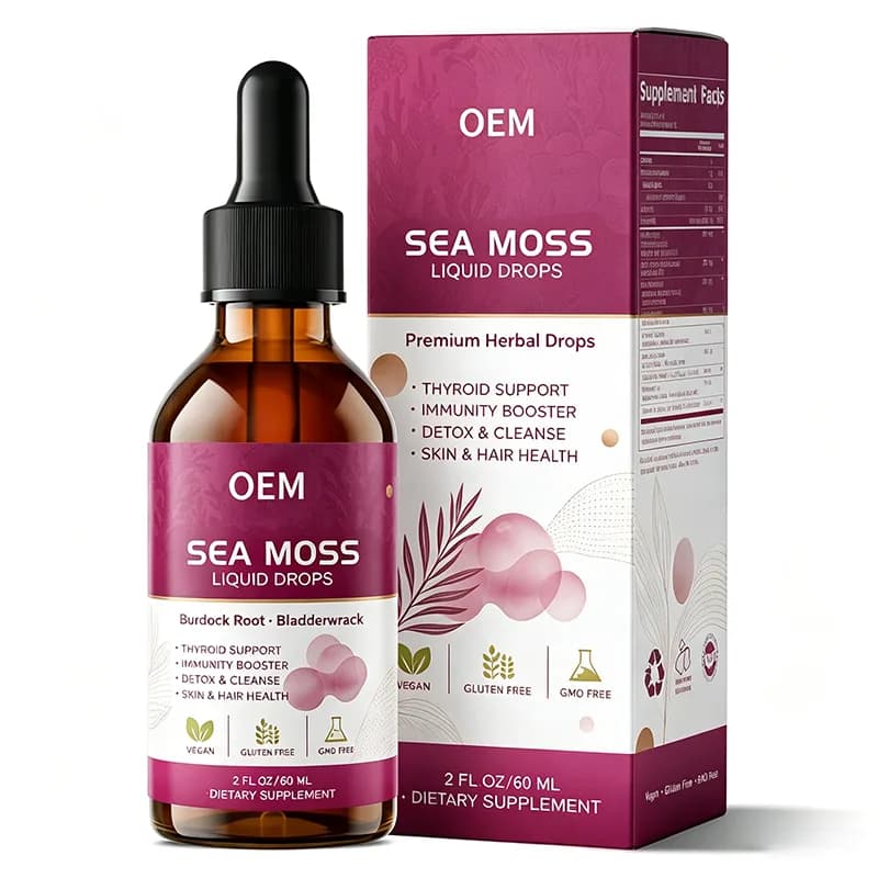 OEM Vegan Gluten Free GMO Free Sea Moss Liquid Drops 60ml 2oz Blend With Burdock Root Bladderwrack Glass Dropper Bottle