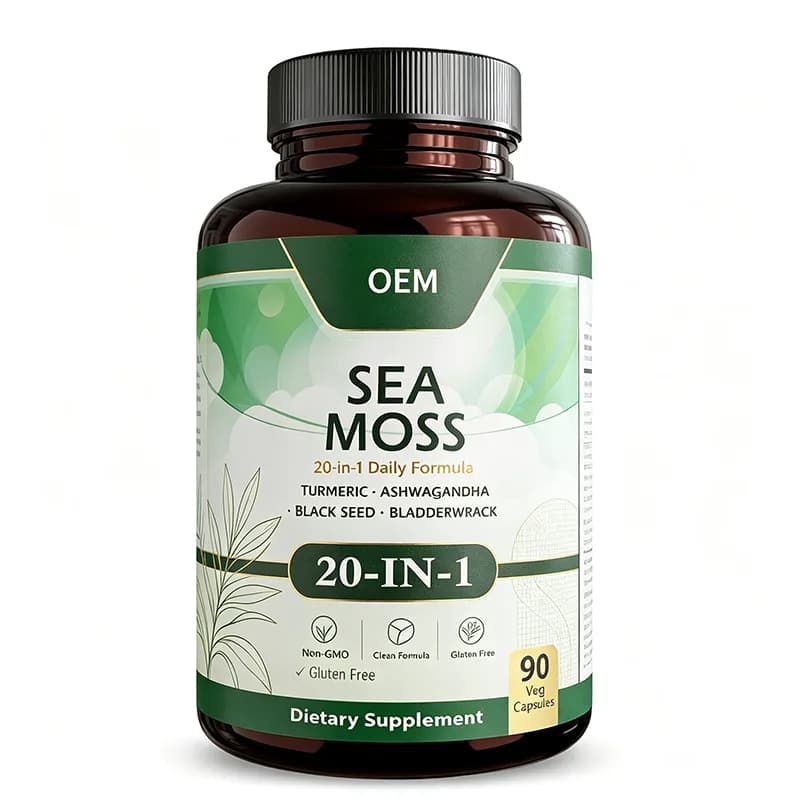 OEM Non GMO Gluten Free 20 in 1 Sea Moss Veg Capsules 90 Count With Turmeric Ashwagandha Black Seed Bladderwrack Multi Herbal