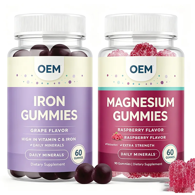 OEM Mineral Gummies Set Grape Iron & Raspberry Magnesium 60 Count Each Vitamin C Iron Relaxation Daily Mineral Supplement