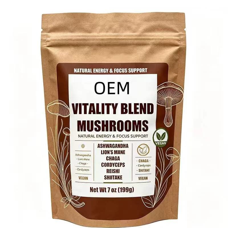 OEM Vegan Vitality Mushroom Blend Powder 7oz 199g Ashwagandha Lions Mane Chaga Cordyceps Reishi Shiitake Energy