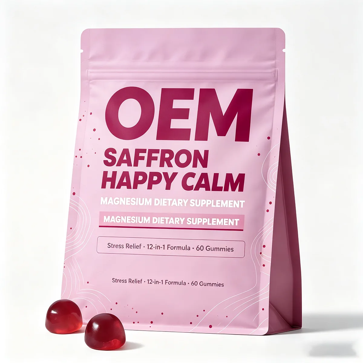 Saffron Happy Calm Magnesium 12 in 1 Formula Gummies 60 Count OEM Dietary Supplement for Stress Relief Support