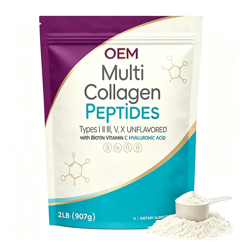Multi Collagen Peptides Powder Types I II III V X Unflavored with Biotin Vitamin C Hyaluronic Acid 2lb 907g OEM Supplement