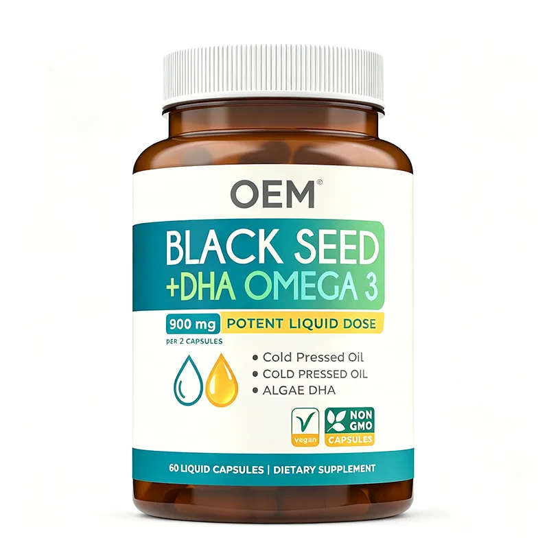 Black Seed and DHA Omega 3 900mg Potent Liquid Dose Per 2 Capsules Cold Pressed Oil Algae DHA Non GMO Vegan OEM Supplement