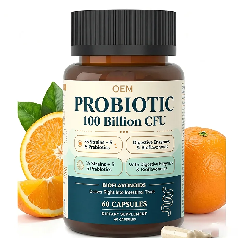 Probiotic 100 Billion CFU 60 Capsules with 35 Strains 5 Digestive Enzymes 5 Prebiotics and Bioflavonoids OEM Supplement