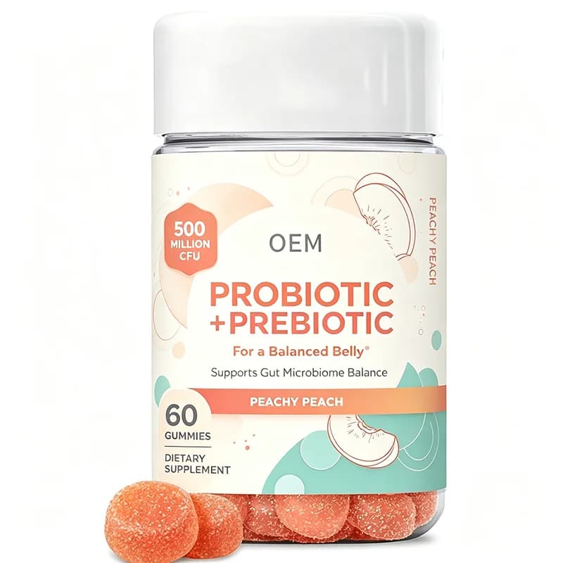 Probiotic and Prebiotic Gummies 500 Million CFU Peachy Peach Flavor 60 Count OEM Supplement for Gut Microbiome Balance