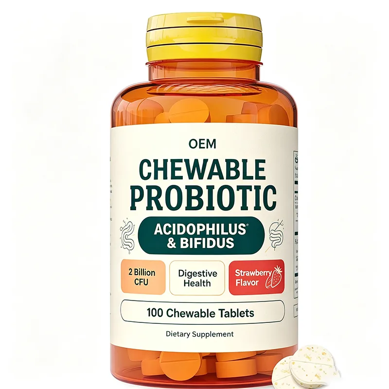 Chewable Probiotic Acidophilus and Bifidus 2 Billion CFU Strawberry Flavor 100 Tablets OEM Supplement