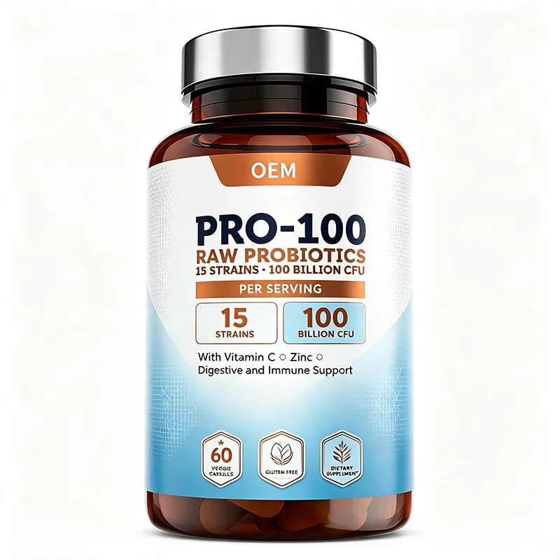 Pro 100 Raw Probiotics 15 Strains 100 Billion CFU with Vitamin C Zinc 60 Veggie Capsules OEM Supplement