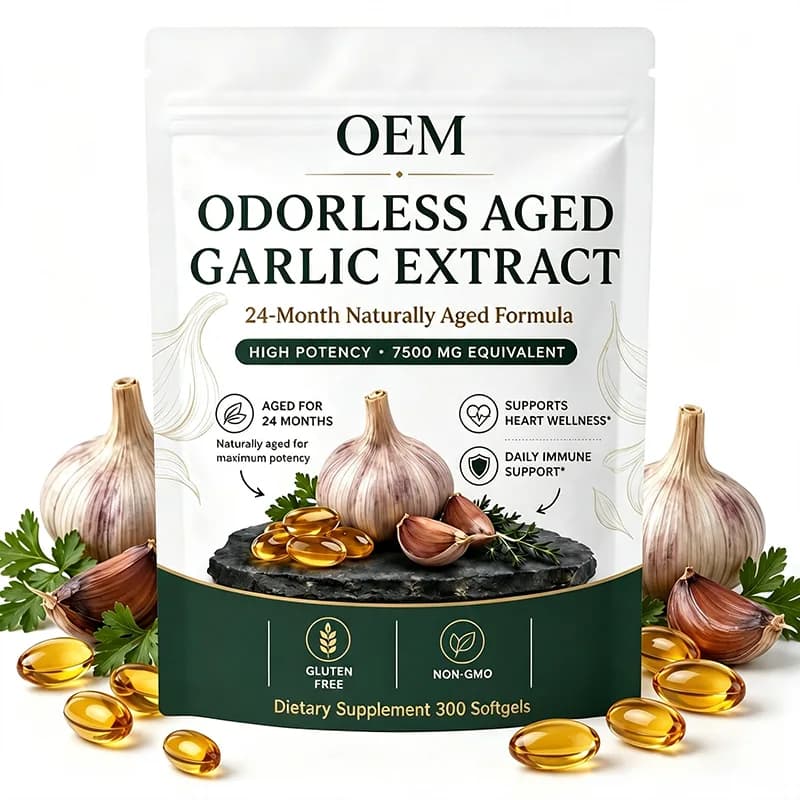 Private Label Odorless Aged Garlic Softgels 300pcs 7500mg Non GMO Gluten Free Herbal Supplement ODM