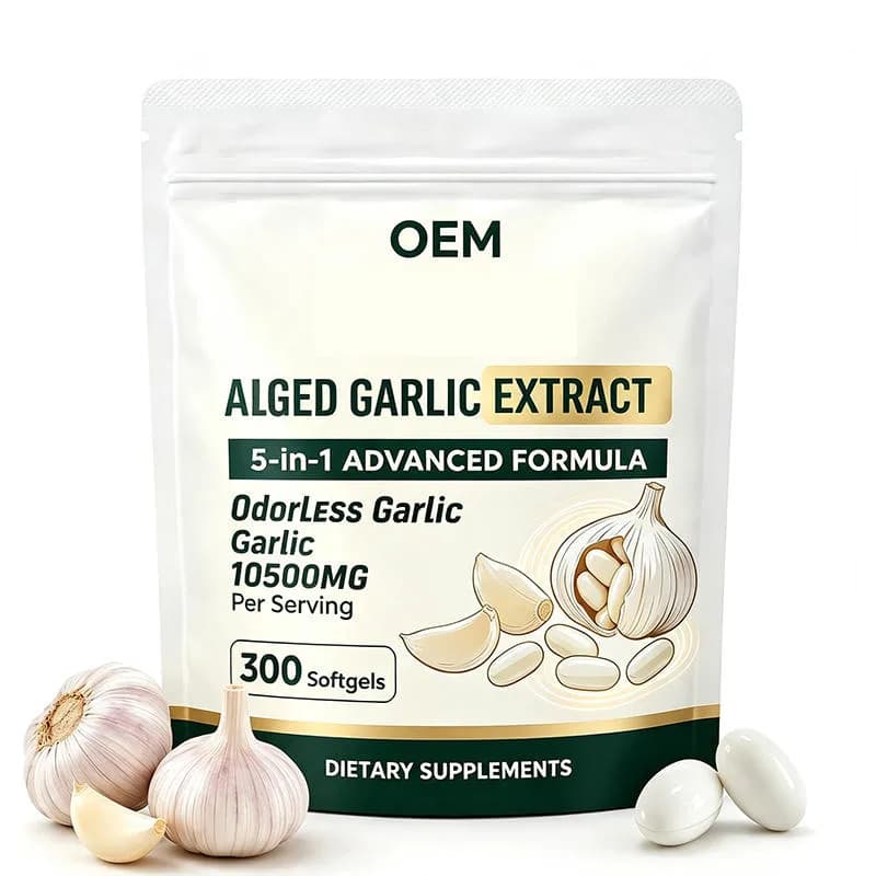 Private Label 5 in 1 Odorless Aged Garlic Extract Softgel Resealable Pouch 300 Softgels Bulk Garlic Supplement OEM