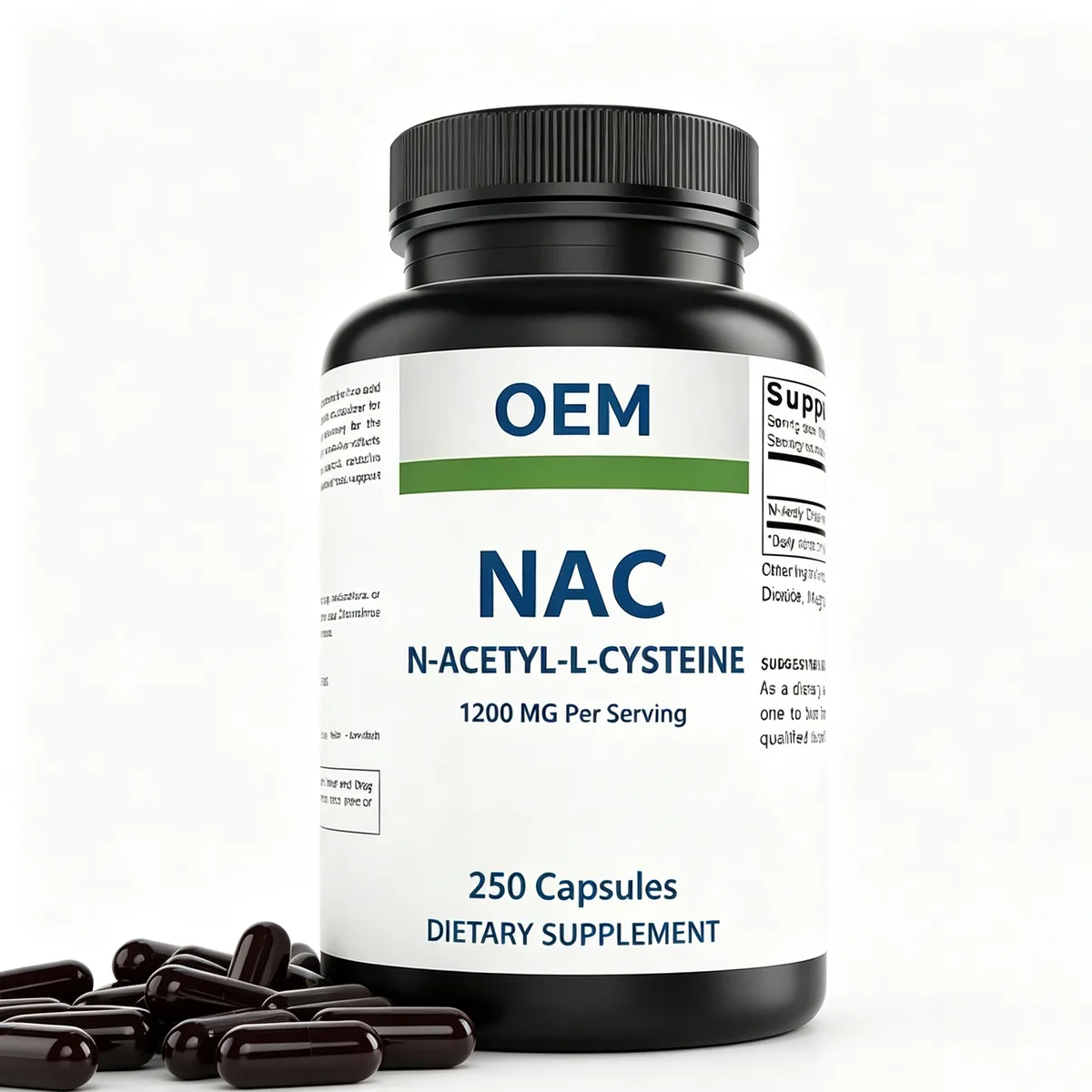OEM NAC NAcetylLCysteine Capsules 1200mg Per Serving 250 Counts Black Bottle Private Label Dietary Supplement